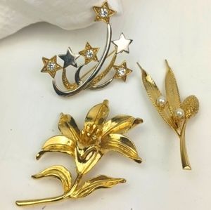 Intriguing Gold Tone & Silver Brooch Trio